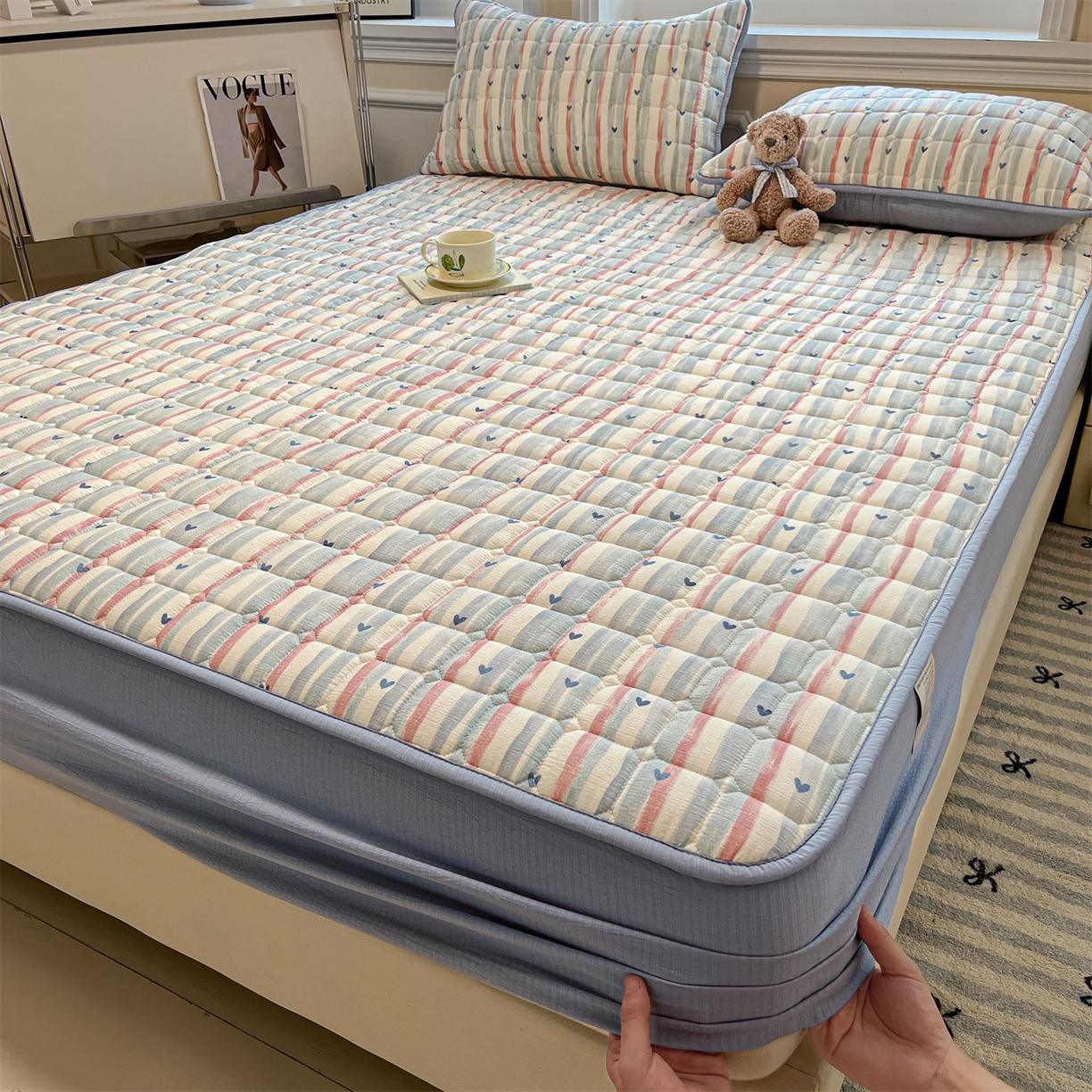 91家纺网 家纺一手货源 找家纺 九亭家纺 2025新款A类皱皱纱印花防水夹棉床笠 普通款-心纹雅眠