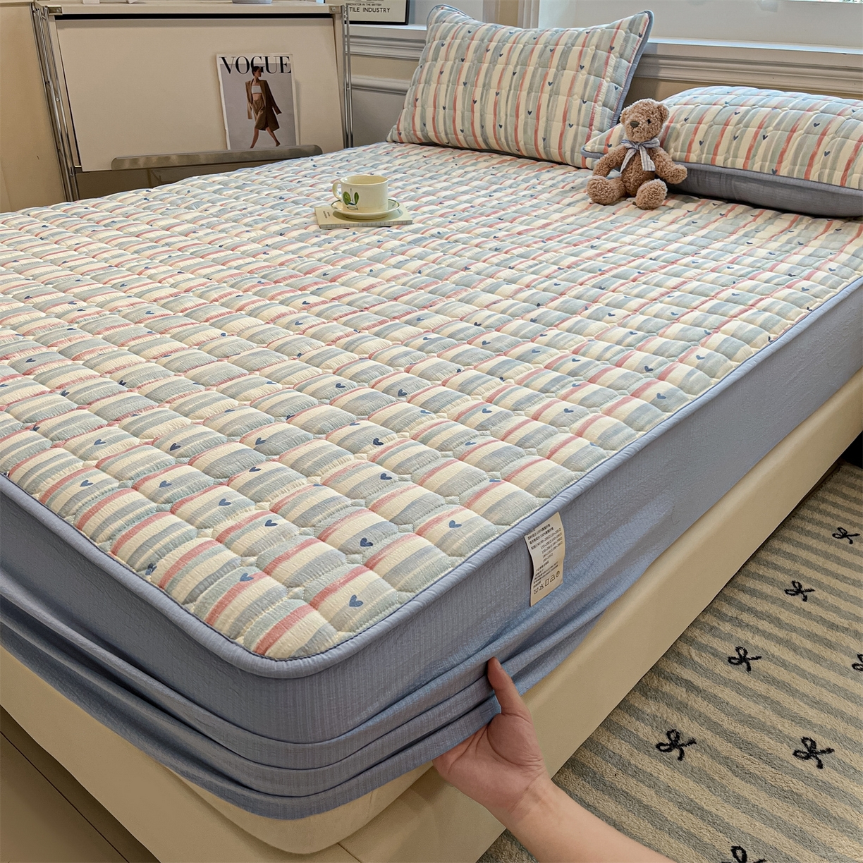 91家纺网 家纺一手货源 找家纺 九亭家纺 2025新款A类皱皱纱印花防水夹棉床笠 普通款-心纹雅眠