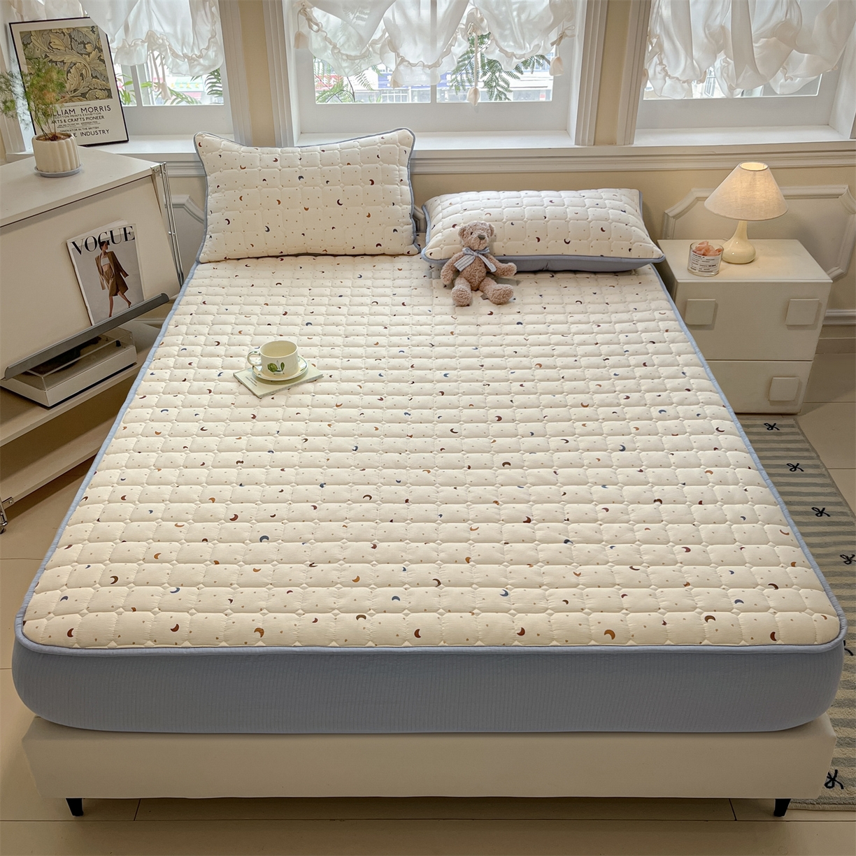 91家纺网 家纺一手货源 找家纺 九亭家纺 2025新款A类皱皱纱印花防水夹棉床笠 普通款-星眠之榻