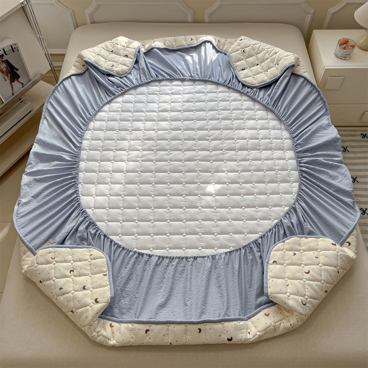 91家纺网 家纺一手货源 找家纺 九亭家纺 2025新款A类皱皱纱印花防水夹棉床笠 普通款-星眠之榻