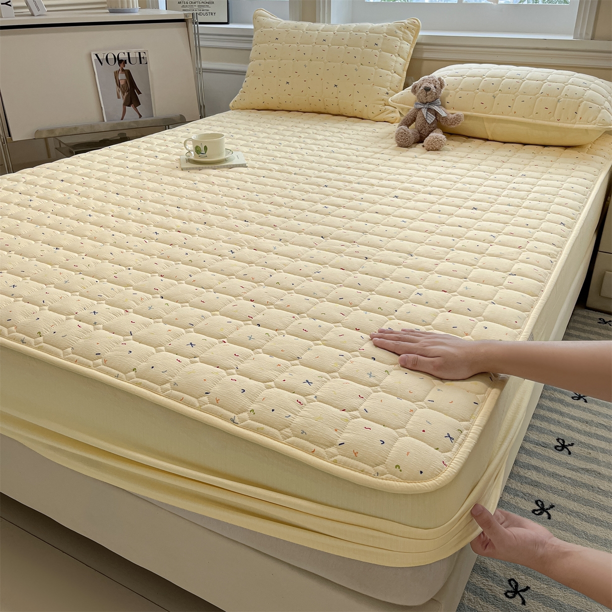 九亭家纺 2025新款A类皱皱纱印花防水夹棉床笠 普通款-星糖眠境