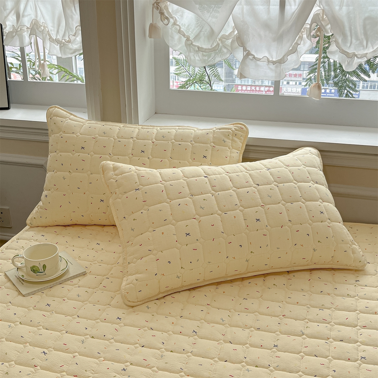 91家纺网 家纺一手货源 找家纺 九亭家纺 2025新款A类皱皱纱印花防水夹棉床笠 普通款-星糖眠境