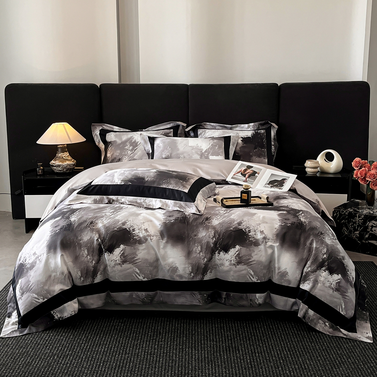 91家纺网 家纺一手货源 找家纺 置顶家纺 2025新款渲染亲肤系列数码印花四件套 渲染-浅灰