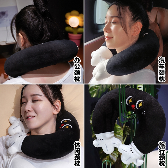 91家纺网 家纺一手货源 找家纺 仟亿莱 2025新款水晶绒小黑手u枕 pp棉黑眼呆萌