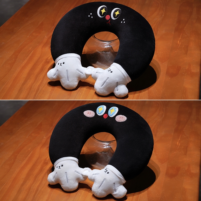 91家纺网 家纺一手货源 找家纺 仟亿莱 2025新款水晶绒小黑手u枕 pp棉黑眼呆萌