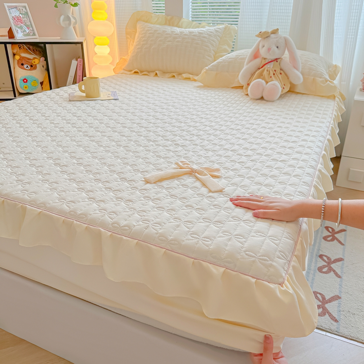 91家纺网 家纺一手货源 找家纺 （总）子钦家纺 2025新款水洗棉云朵棉花边蝴蝶结夹棉床笠单床笠