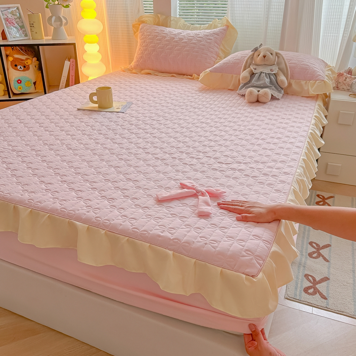 91家纺网 家纺一手货源 找家纺 （总）子钦家纺 2025新款水洗棉云朵棉花边蝴蝶结夹棉床笠单床笠