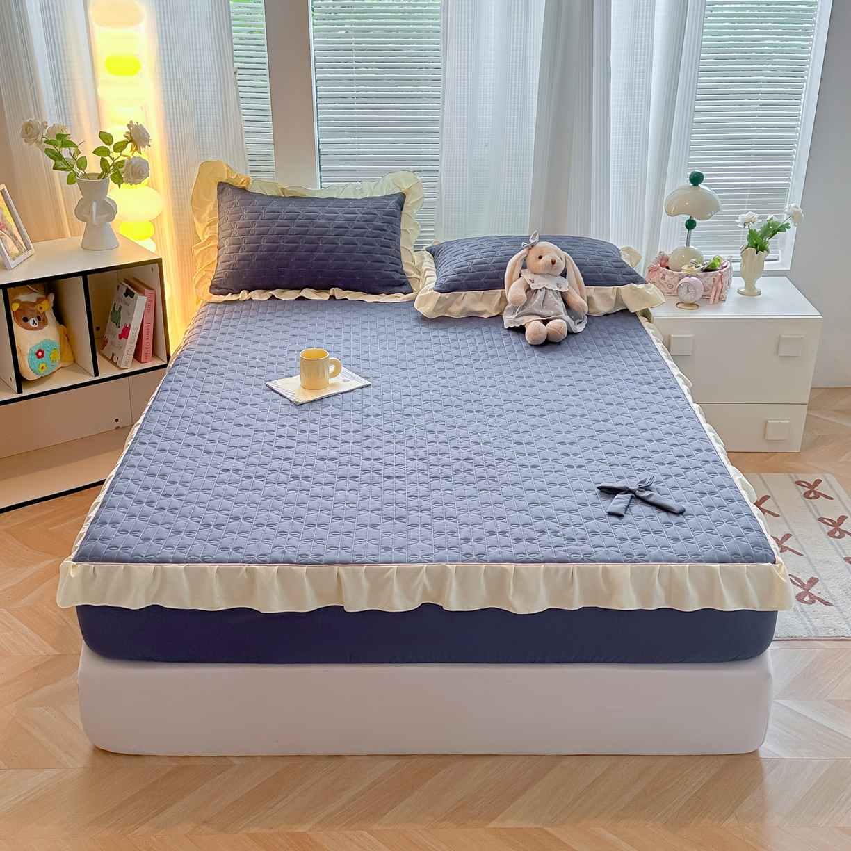 91家纺网 家纺一手货源 找家纺 （总）子钦家纺 2025新款水洗棉云朵棉花边蝴蝶结夹棉床笠单床笠