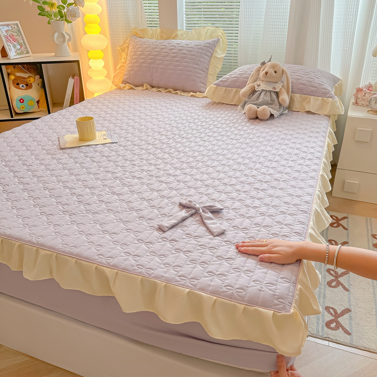 91家纺网 家纺一手货源 找家纺 （总）子钦家纺 2025新款水洗棉云朵棉花边蝴蝶结夹棉床笠单床笠