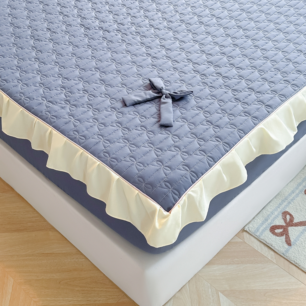 91家纺网 家纺一手货源 找家纺 （总）子钦家纺 2025新款水洗棉云朵棉花边蝴蝶结夹棉床笠单床笠