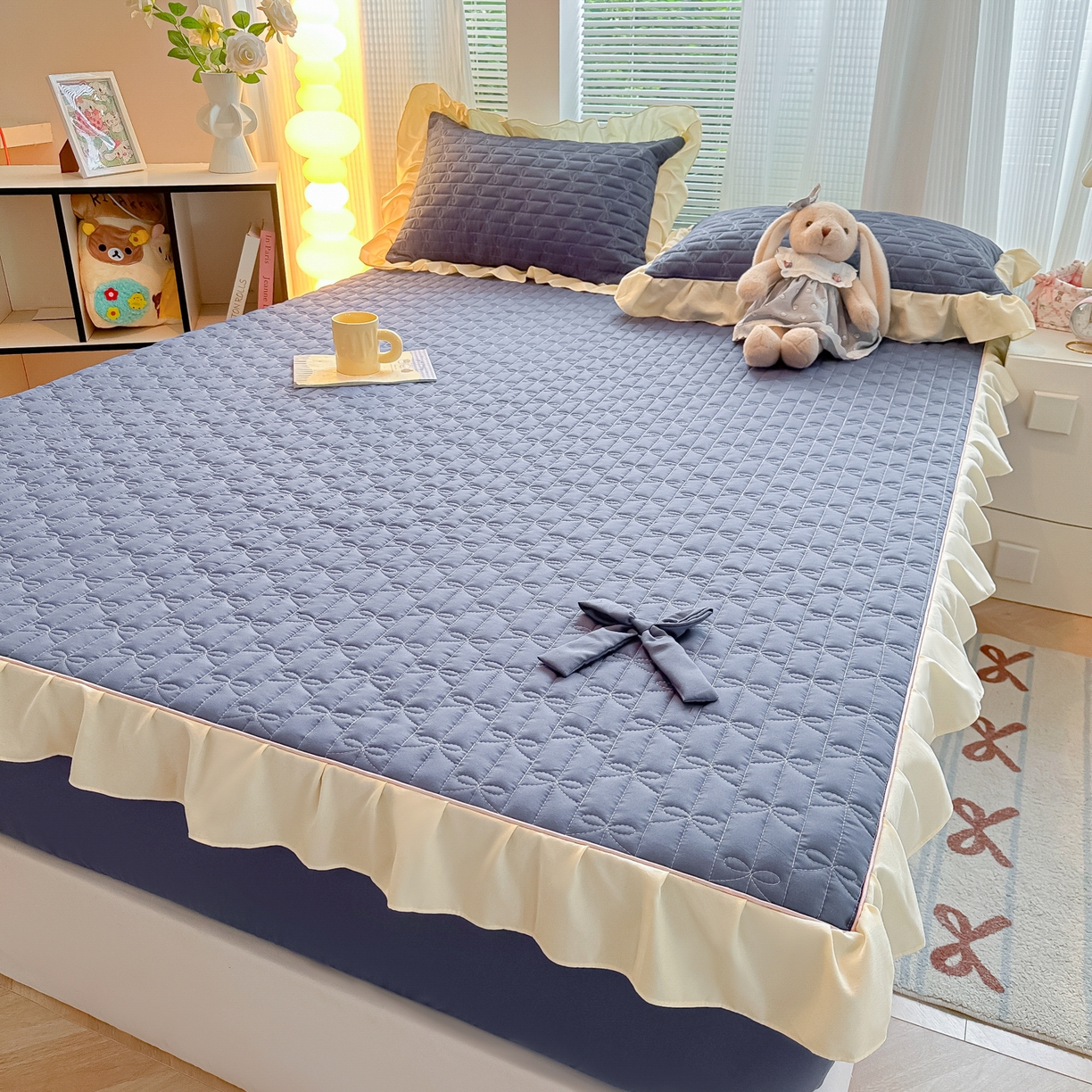 91家纺网 家纺一手货源 找家纺 （总）子钦家纺 2025新款水洗棉云朵棉花边蝴蝶结夹棉床笠单床笠