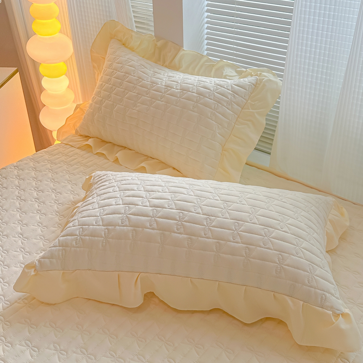 91家纺网 家纺一手货源 找家纺 子钦家纺 2025新款水洗棉云朵棉花边蝴蝶结夹棉床笠单床笠 蝴蝶结夹棉床笠-奶白