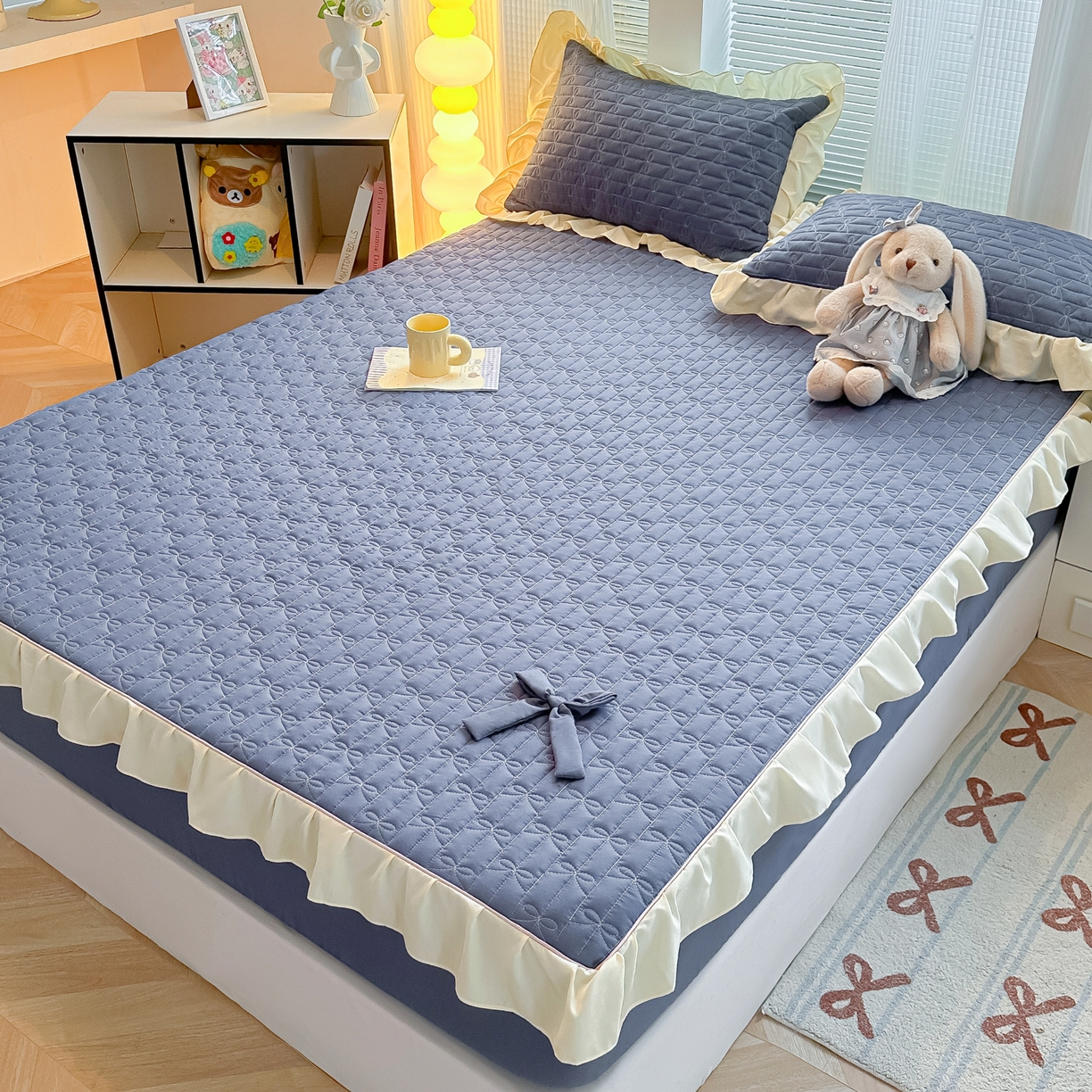 91家纺网 家纺一手货源 找家纺 （总）子钦家纺 2025新款水洗棉云朵棉花边蝴蝶结夹棉床笠单床笠