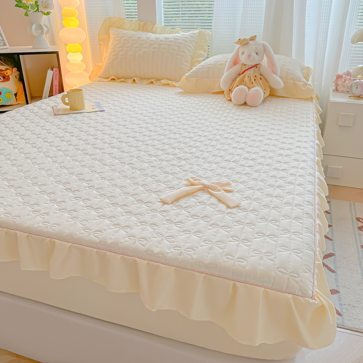 91家纺网 家纺一手货源 找家纺 子钦家纺 2025新款水洗棉云朵棉花边蝴蝶结夹棉床笠单床笠 蝴蝶结夹棉床笠-奶白