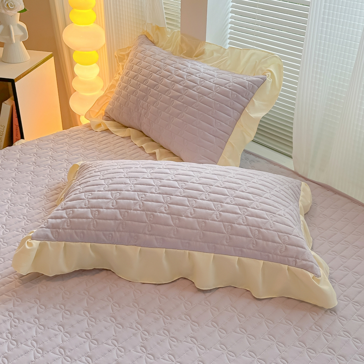 91家纺网 家纺一手货源 找家纺 子钦家纺 2025新款水洗棉云朵棉花边蝴蝶结夹棉床笠单床笠 蝴蝶结夹棉床笠-阳光紫