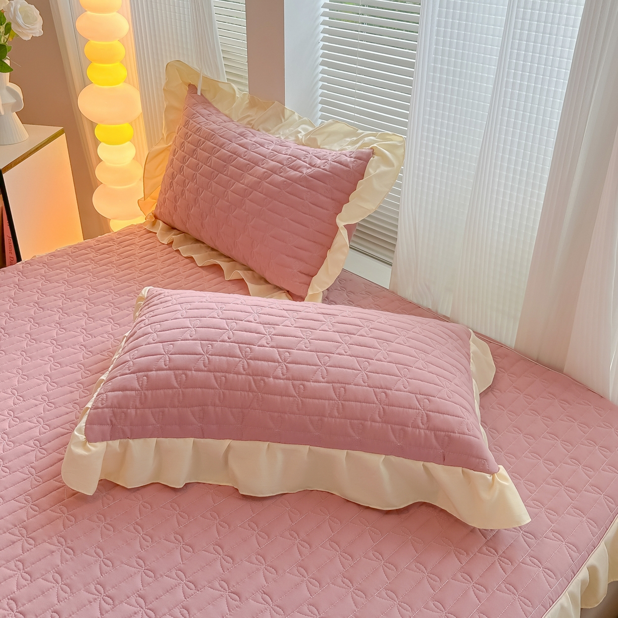 91家纺网 家纺一手货源 找家纺 子钦家纺 2025新款水洗棉云朵棉花边蝴蝶结夹棉床笠单床笠 蝴蝶结夹棉床笠-浅豆沙