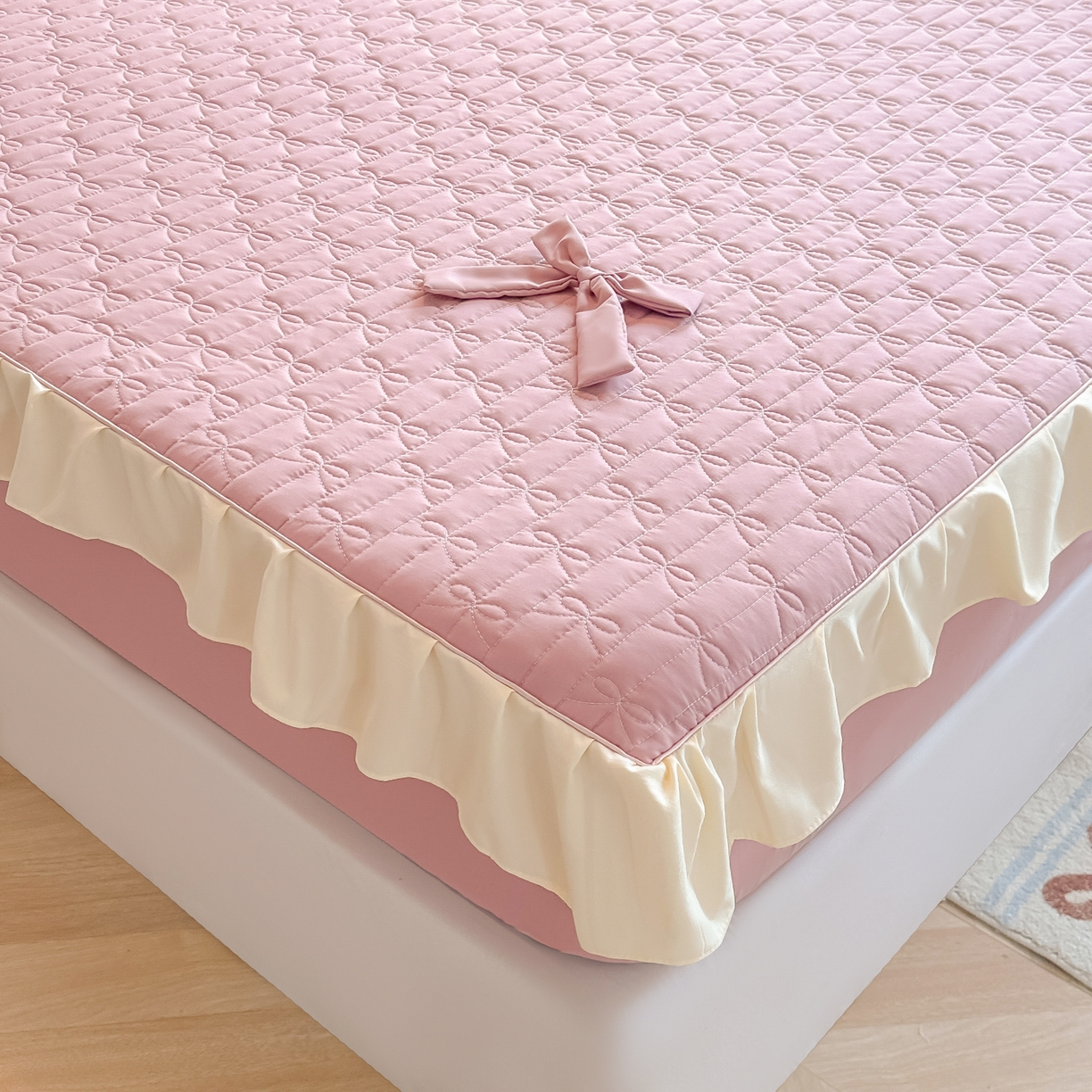 91家纺网 家纺一手货源 找家纺 子钦家纺 2025新款水洗棉云朵棉花边蝴蝶结夹棉床笠单床笠 蝴蝶结夹棉床笠-浅豆沙