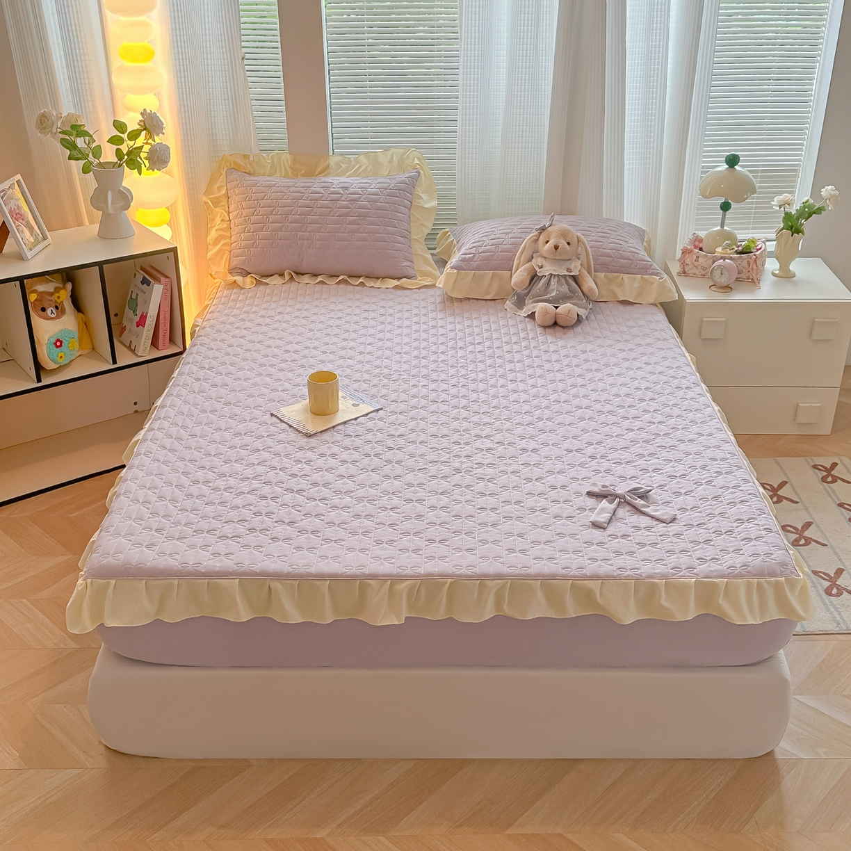 91家纺网 家纺一手货源 找家纺 子钦家纺 2025新款水洗棉云朵棉花边蝴蝶结夹棉床笠单床笠 蝴蝶结夹棉床笠-阳光紫