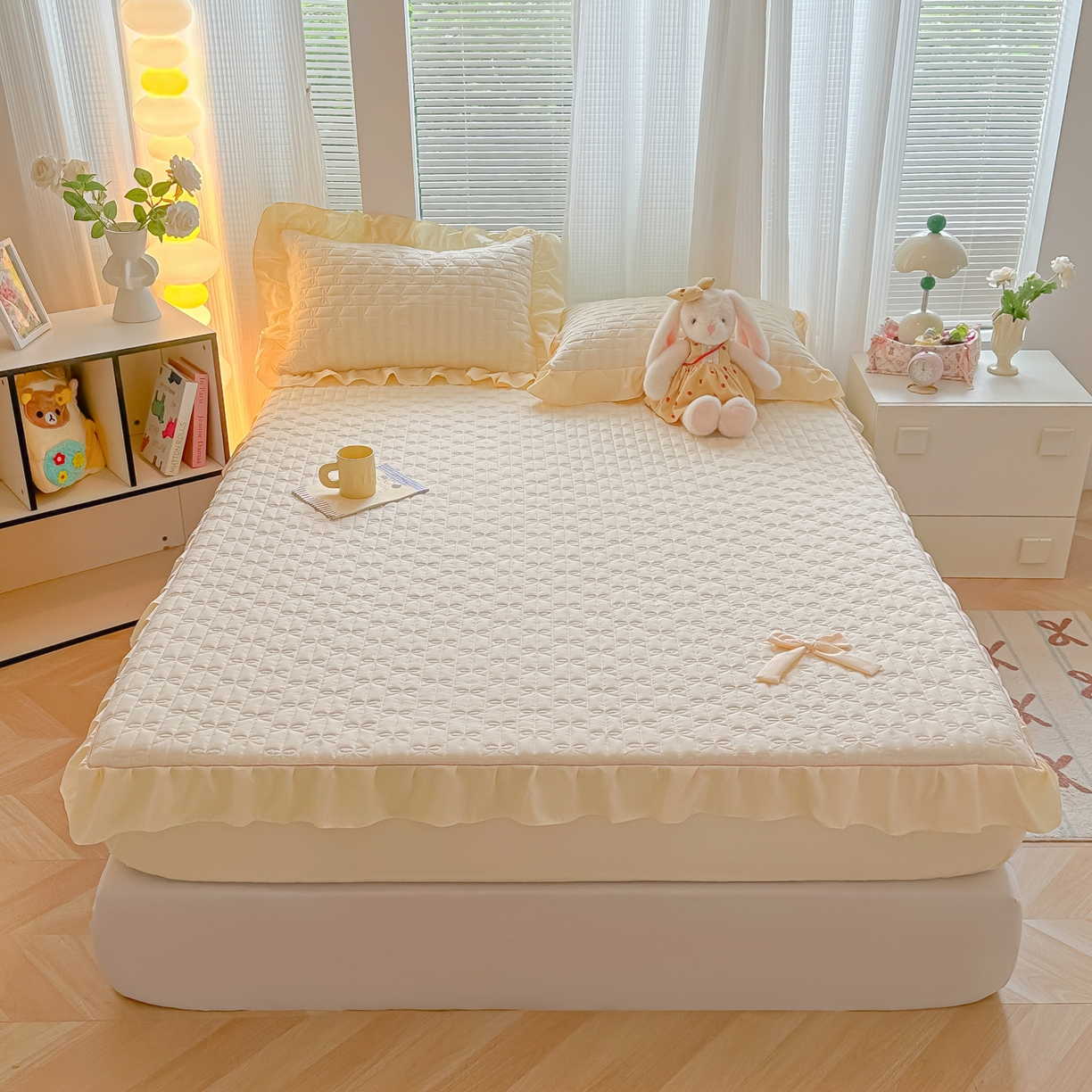 91家纺网 家纺一手货源 找家纺 子钦家纺 2025新款水洗棉云朵棉花边蝴蝶结夹棉床笠单床笠 蝴蝶结夹棉床笠-奶白