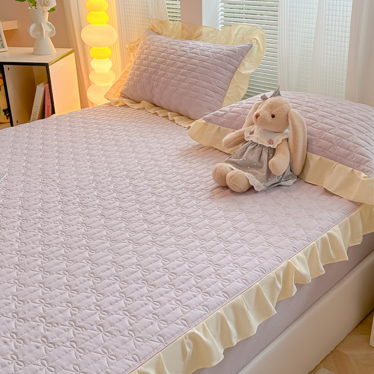 91家纺网 家纺一手货源 找家纺 子钦家纺 2025新款水洗棉云朵棉花边蝴蝶结夹棉床笠单床笠 蝴蝶结夹棉床笠-阳光紫