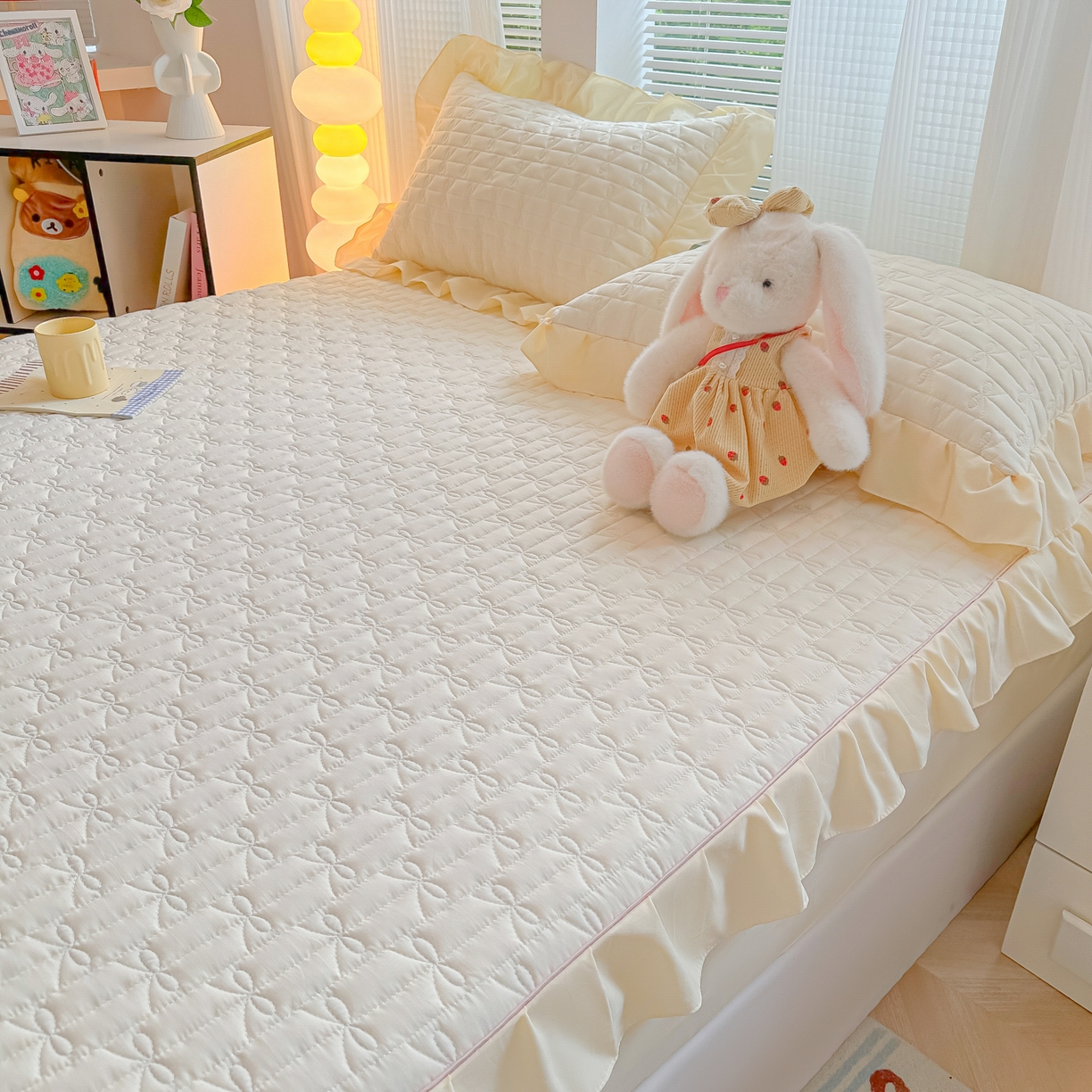 91家纺网 家纺一手货源 找家纺 子钦家纺 2025新款水洗棉云朵棉花边蝴蝶结夹棉床笠单床笠 蝴蝶结夹棉床笠-奶白