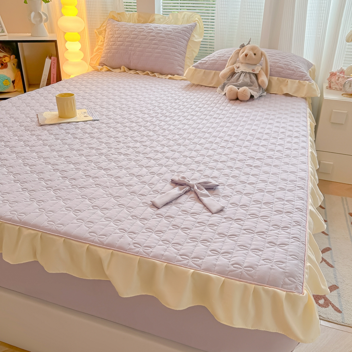 91家纺网 家纺一手货源 找家纺 子钦家纺 2025新款水洗棉云朵棉花边蝴蝶结夹棉床笠单床笠 蝴蝶结夹棉床笠-阳光紫