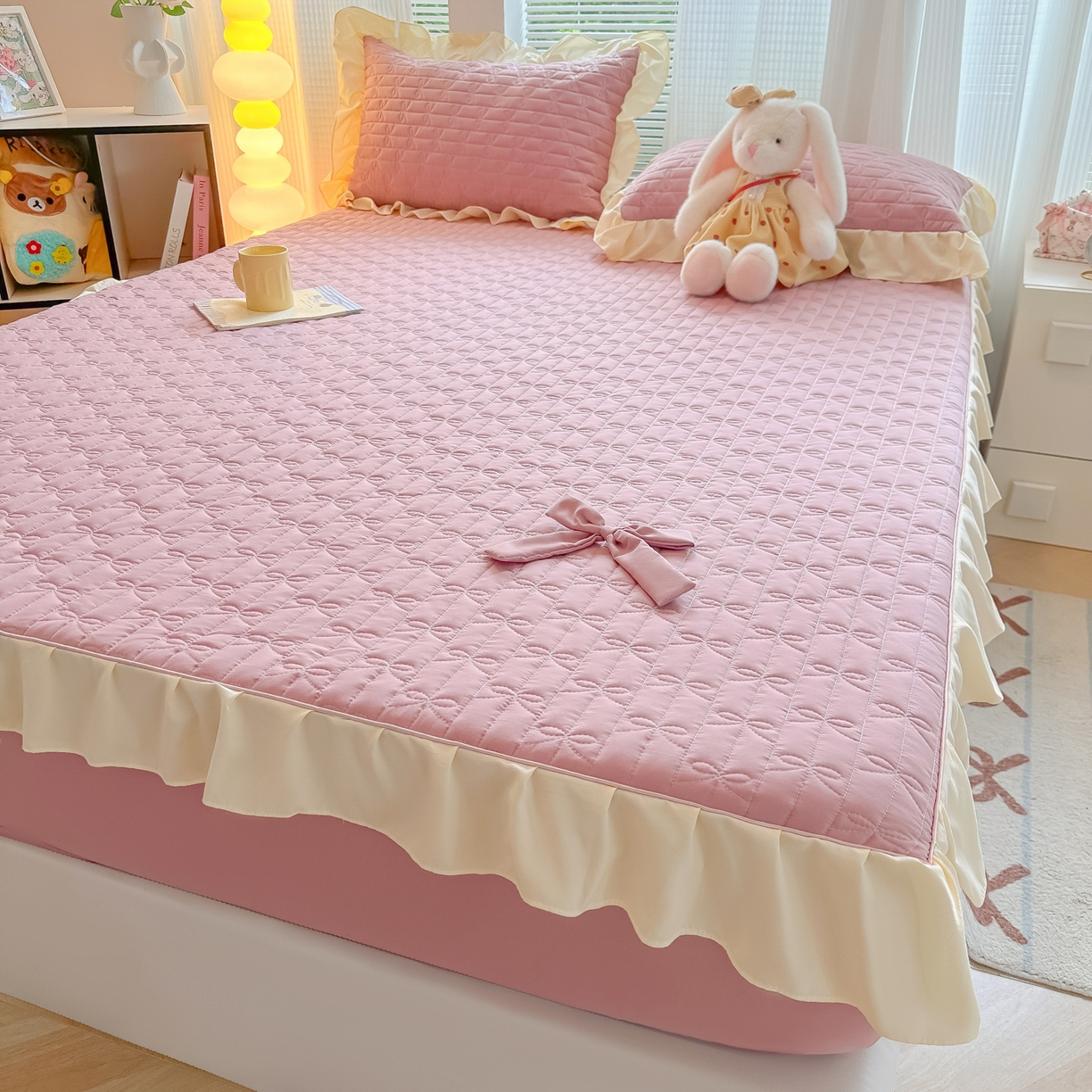 91家纺网 家纺一手货源 找家纺 子钦家纺 2025新款水洗棉云朵棉花边蝴蝶结夹棉床笠单床笠 蝴蝶结夹棉床笠-浅豆沙