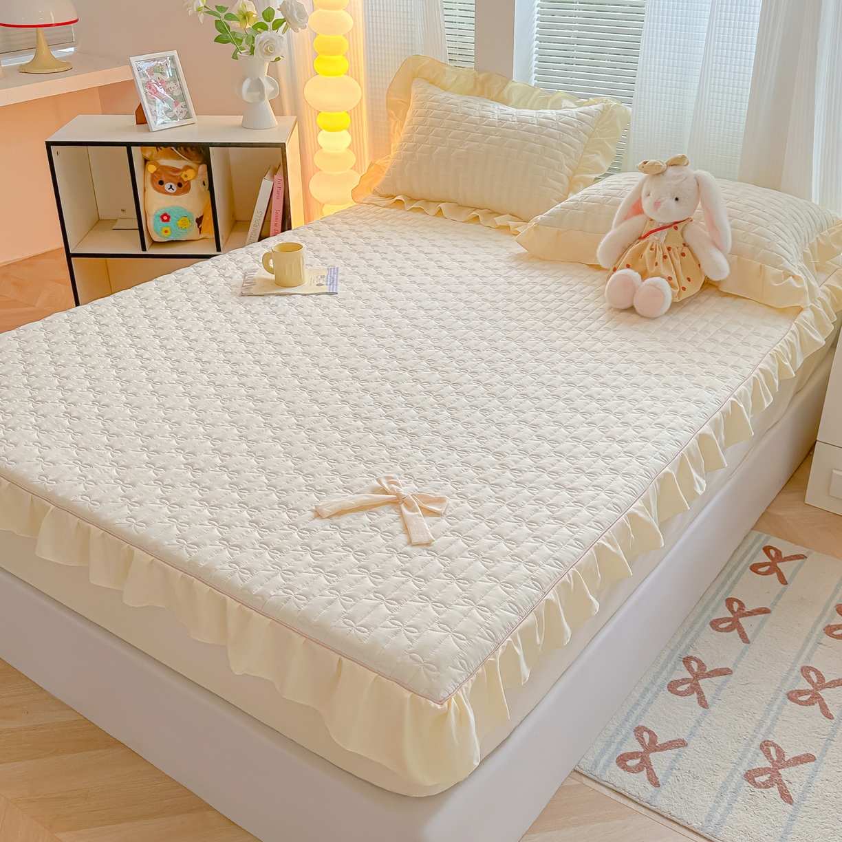 91家纺网 家纺一手货源 找家纺 子钦家纺 2025新款水洗棉云朵棉花边蝴蝶结夹棉床笠单床笠 蝴蝶结夹棉床笠-奶白