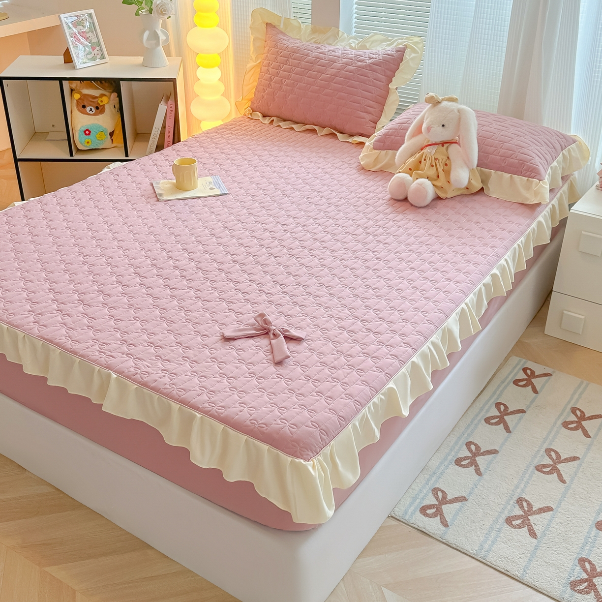 91家纺网 家纺一手货源 找家纺 子钦家纺 2025新款水洗棉云朵棉花边蝴蝶结夹棉床笠单床笠 蝴蝶结夹棉床笠-浅豆沙