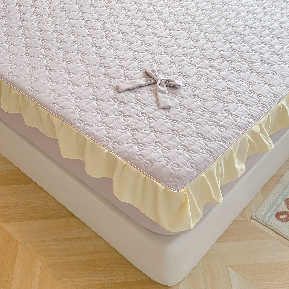 91家纺网 家纺一手货源 找家纺 子钦家纺 2025新款水洗棉云朵棉花边蝴蝶结夹棉床笠单床笠 蝴蝶结夹棉床笠-阳光紫