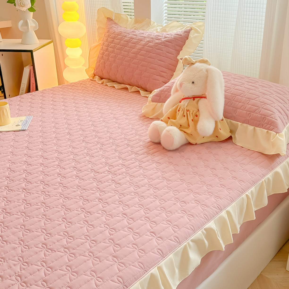 91家纺网 家纺一手货源 找家纺 子钦家纺 2025新款水洗棉云朵棉花边蝴蝶结夹棉床笠单床笠 蝴蝶结夹棉床笠-浅豆沙