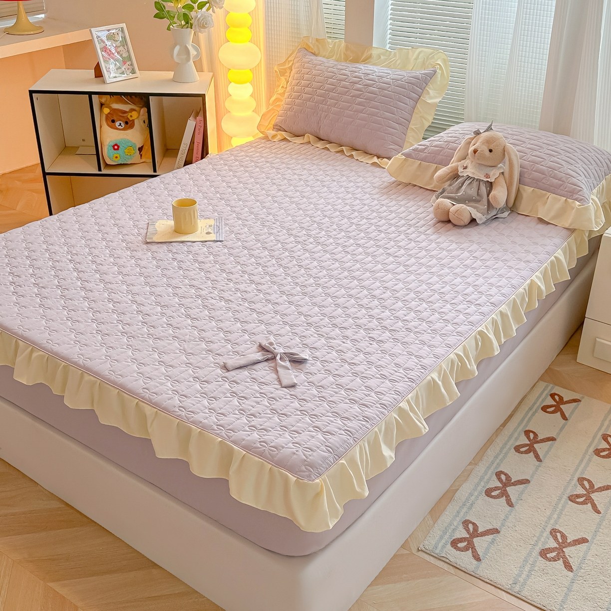 91家纺网 家纺一手货源 找家纺 子钦家纺 2025新款水洗棉云朵棉花边蝴蝶结夹棉床笠单床笠 蝴蝶结夹棉床笠-阳光紫