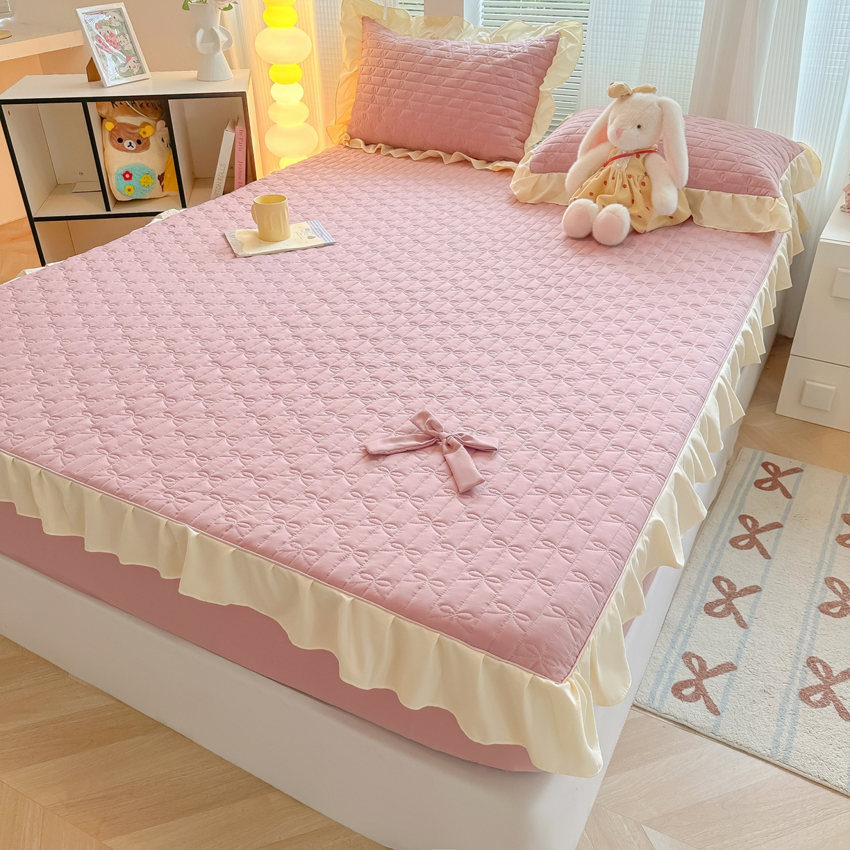 91家纺网 家纺一手货源 找家纺 子钦家纺 2025新款水洗棉云朵棉花边蝴蝶结夹棉床笠单床笠 蝴蝶结夹棉床笠-浅豆沙