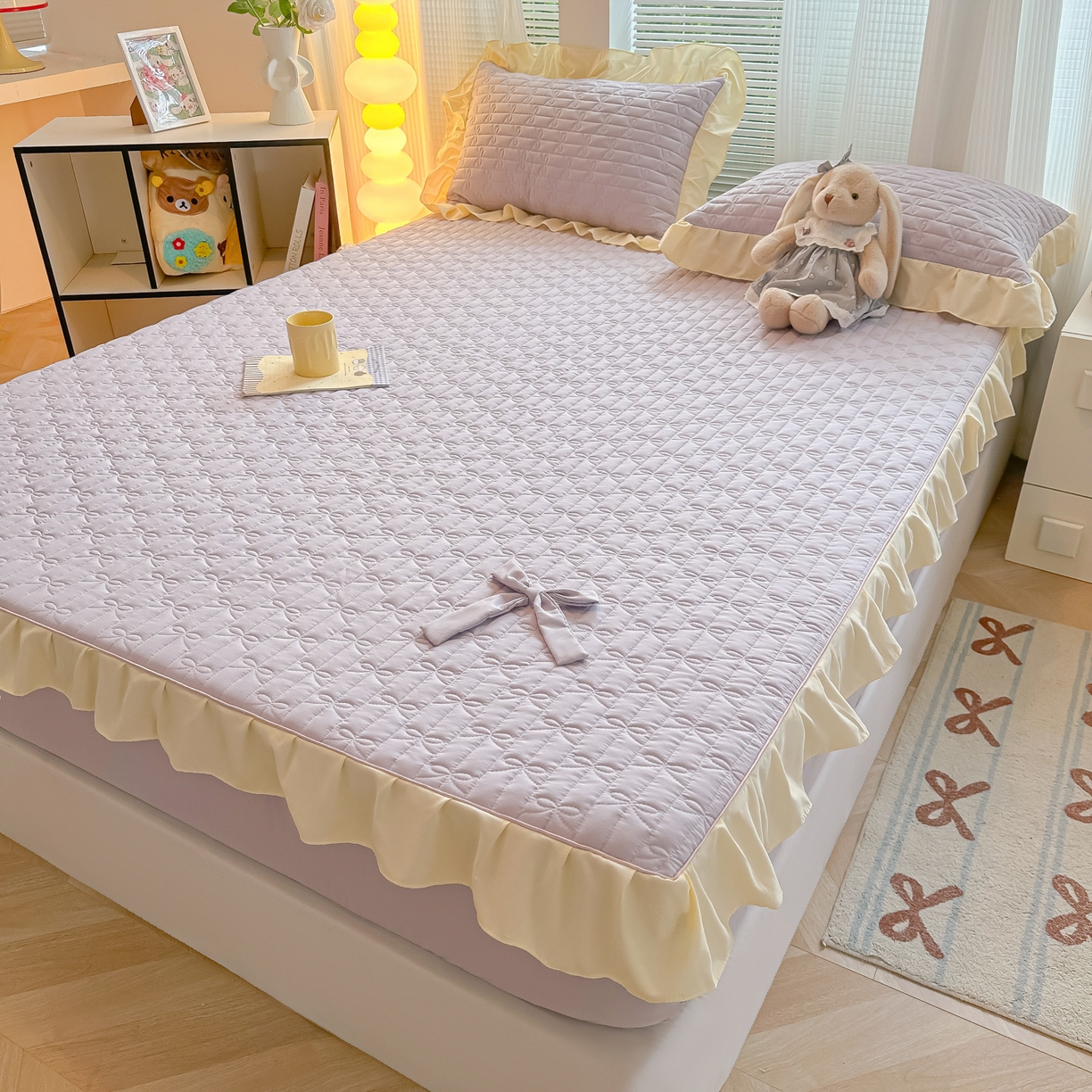 91家纺网 家纺一手货源 找家纺 子钦家纺 2025新款水洗棉云朵棉花边蝴蝶结夹棉床笠单床笠 蝴蝶结夹棉床笠-阳光紫