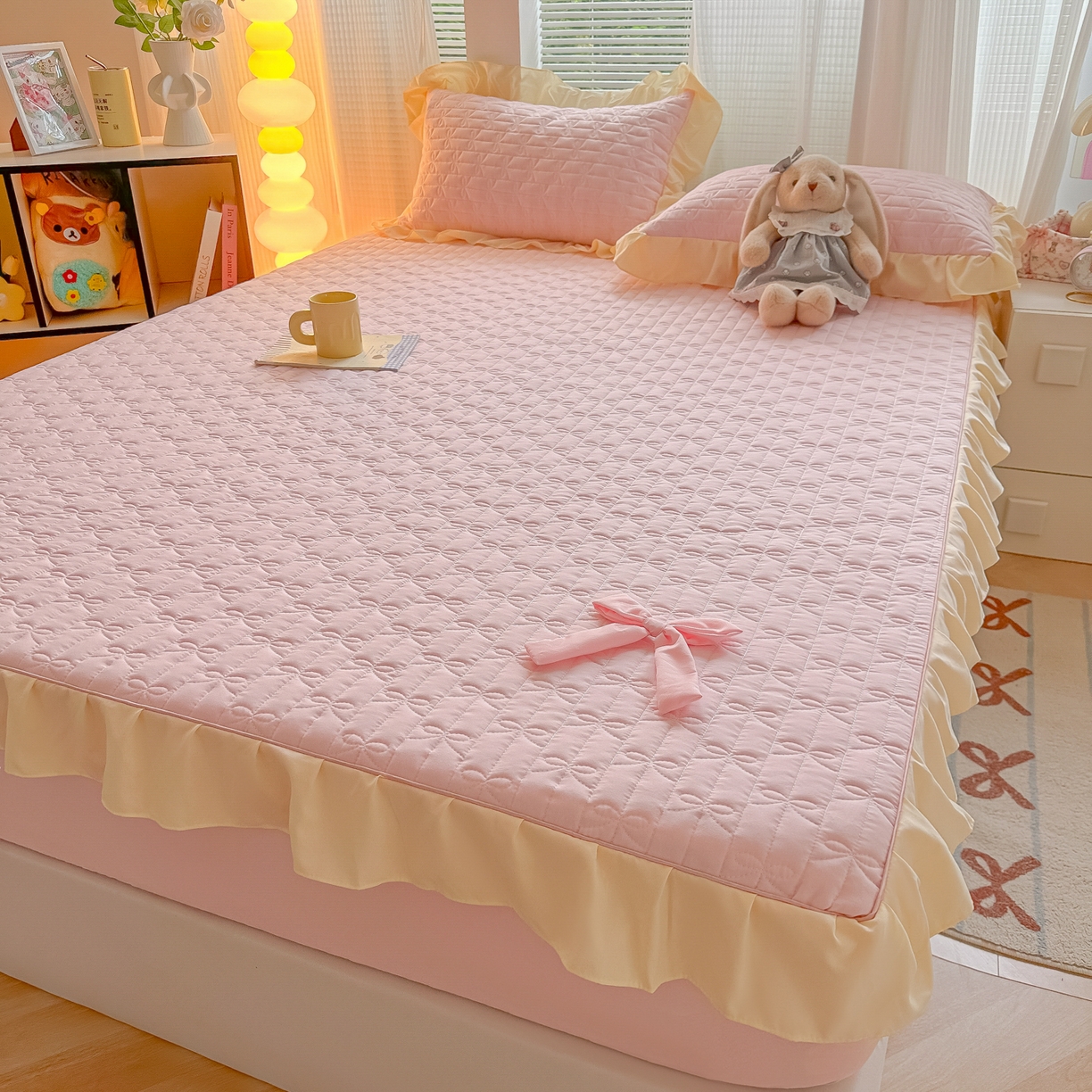 91家纺网 家纺一手货源 找家纺 子钦家纺 2025新款水洗棉云朵棉花边蝴蝶结夹棉床笠单床笠 蝴蝶结夹棉床笠-奶油粉