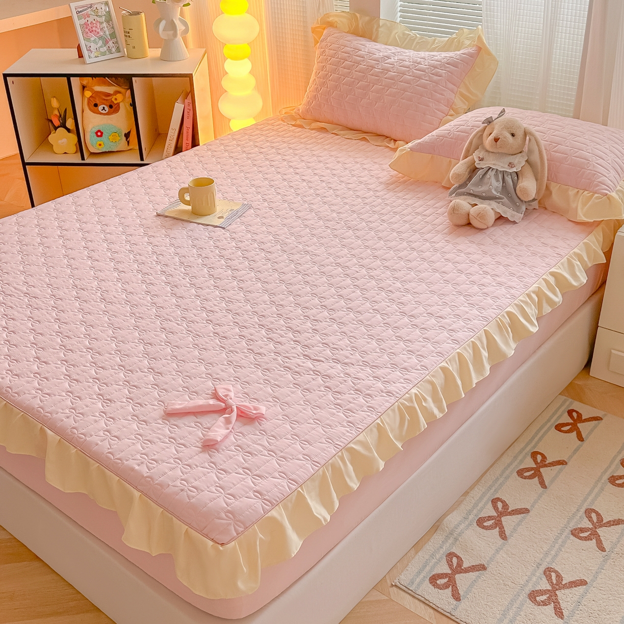 91家纺网 家纺一手货源 找家纺 子钦家纺 2025新款水洗棉云朵棉花边蝴蝶结夹棉床笠单床笠 蝴蝶结夹棉床笠-奶油粉