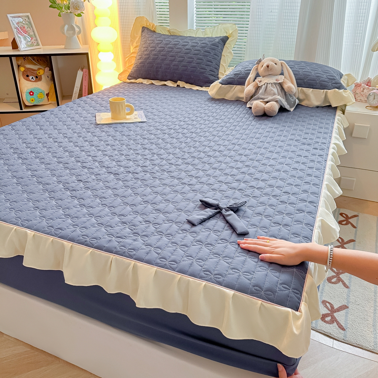 子钦家纺 2025新款水洗棉云朵棉花边蝴蝶结夹棉床笠单床笠 蝴蝶结夹棉床笠-浅石蓝