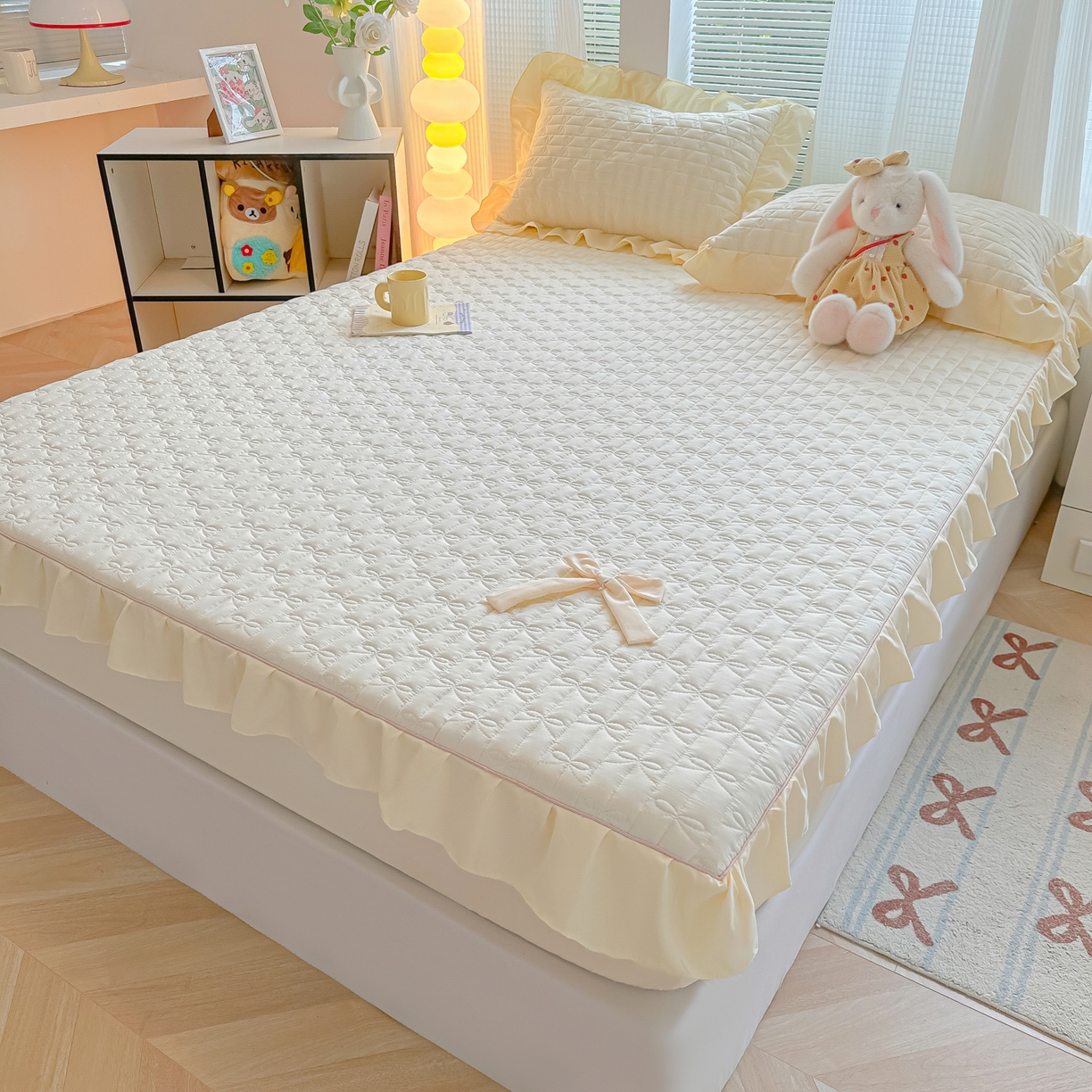 91家纺网 家纺一手货源 找家纺 子钦家纺 2025新款水洗棉云朵棉花边蝴蝶结夹棉床笠单床笠 蝴蝶结夹棉床笠-奶白