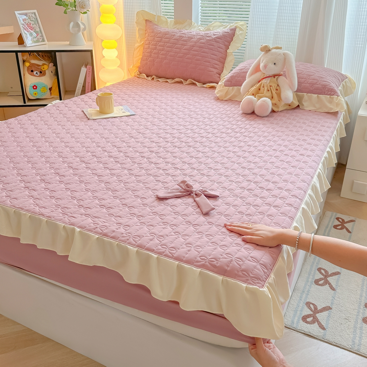 子钦家纺 2025新款水洗棉云朵棉花边蝴蝶结夹棉床笠单床笠 蝴蝶结夹棉床笠-浅豆沙