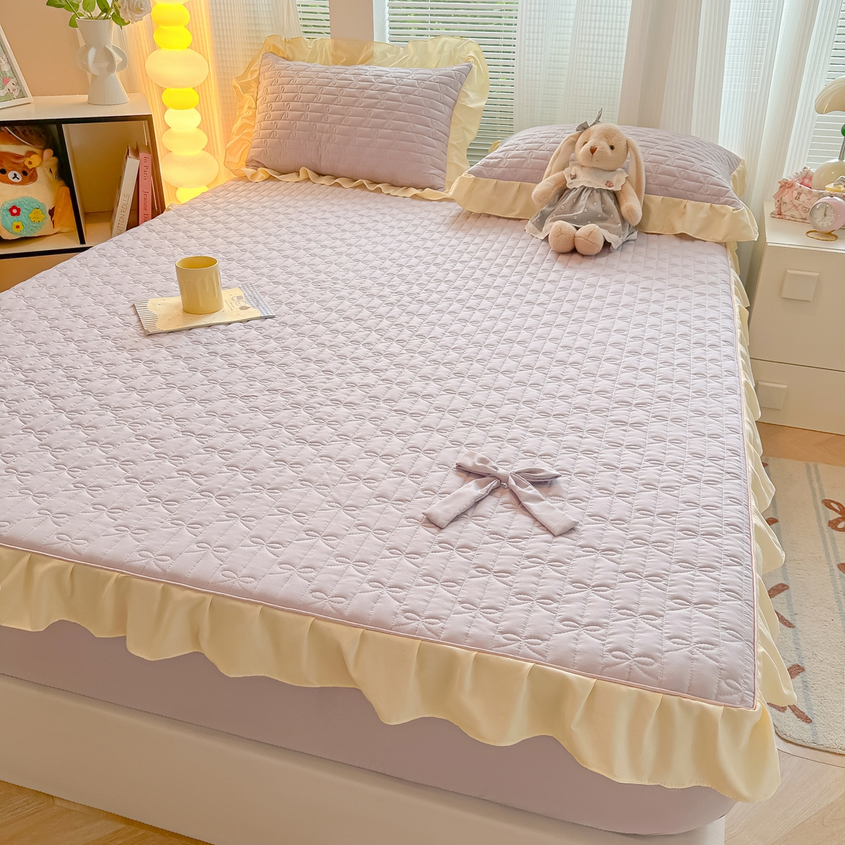 91家纺网 家纺一手货源 找家纺 子钦家纺 2025新款水洗棉云朵棉花边蝴蝶结夹棉床笠单床笠 蝴蝶结夹棉床笠-阳光紫