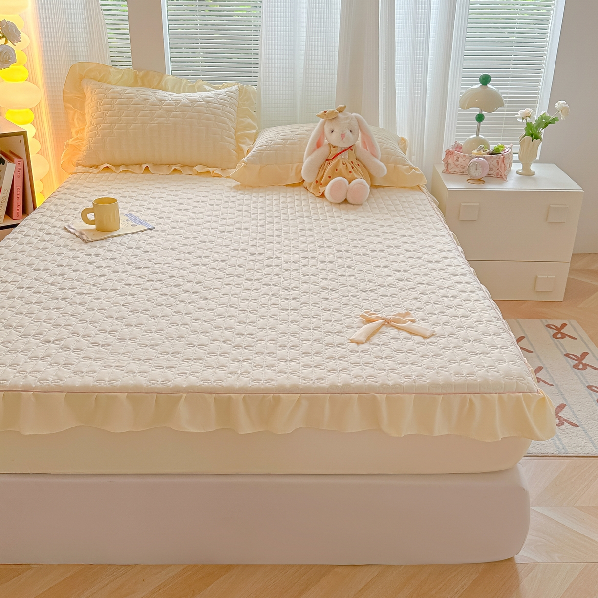 91家纺网 家纺一手货源 找家纺 子钦家纺 2025新款水洗棉云朵棉花边蝴蝶结夹棉床笠单床笠 蝴蝶结夹棉床笠-奶白