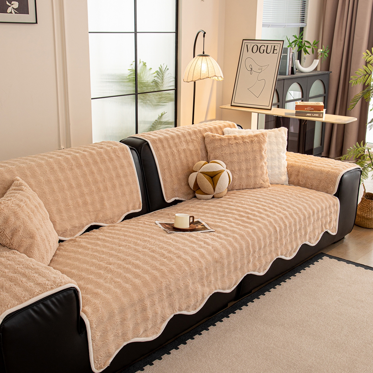 91家纺网 家纺一手货源 找家纺 （总）沐沐家纺 2025新款兔毛沙发垫,咖色,米白,水绿,深灰