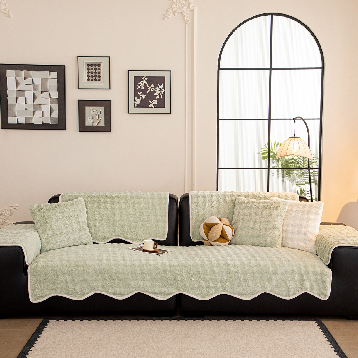 91家纺网 家纺一手货源 找家纺 沐沐家纺 2026新款兔毛沙发垫 水绿