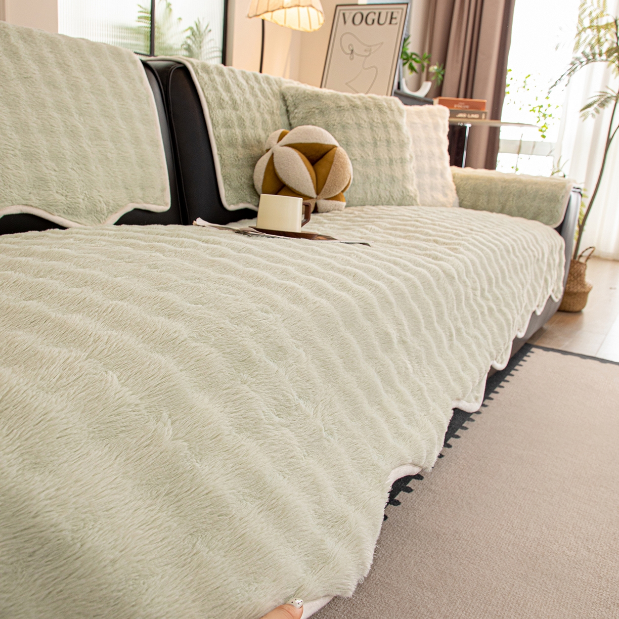 91家纺网 家纺一手货源 找家纺 沐沐家纺 2026新款兔毛沙发垫 水绿