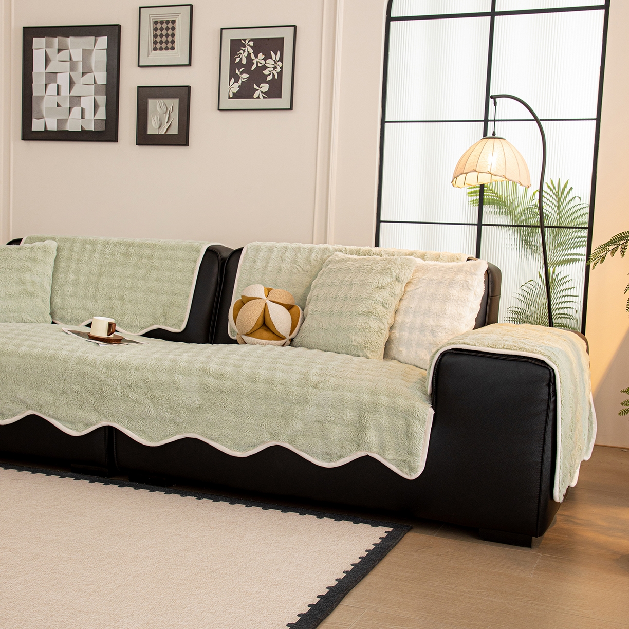 91家纺网 家纺一手货源 找家纺 沐沐家纺 2026新款兔毛沙发垫 水绿