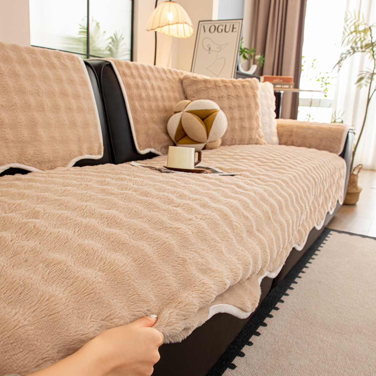 91家纺网 家纺一手货源 找家纺 沐沐家纺 2026新款兔毛沙发垫 咖色