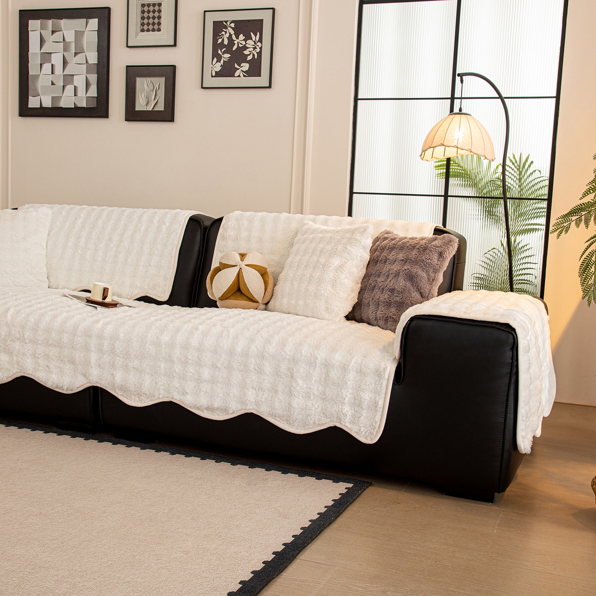 91家纺网 家纺一手货源 找家纺 沐沐家纺 2026新款兔毛沙发垫 米白