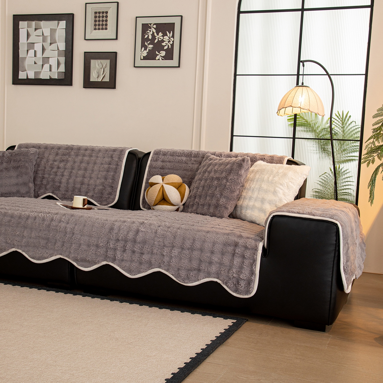 91家纺网 家纺一手货源 找家纺 沐沐家纺 2026新款兔毛沙发垫 深灰