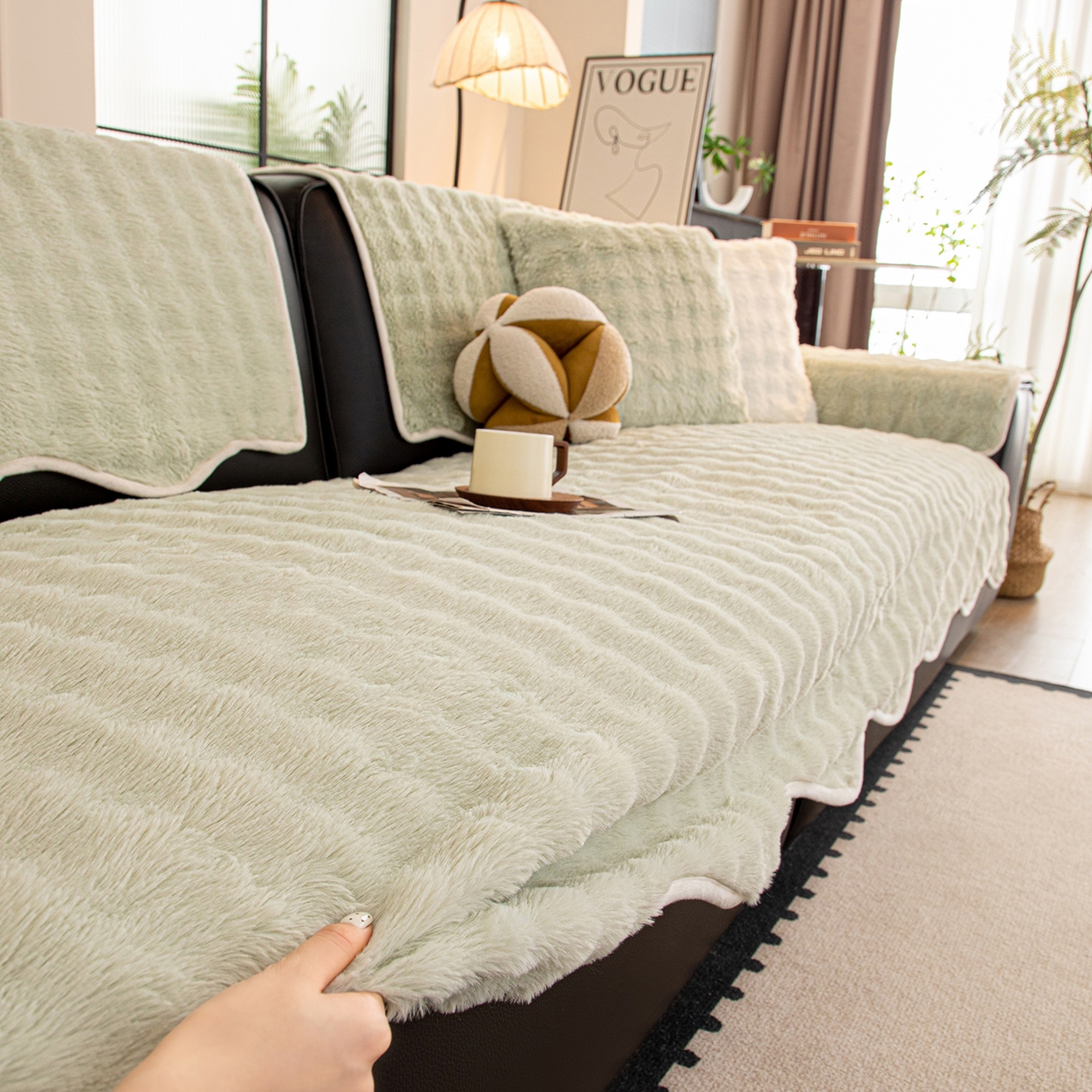 91家纺网 家纺一手货源 找家纺 沐沐家纺 2026新款兔毛沙发垫 水绿