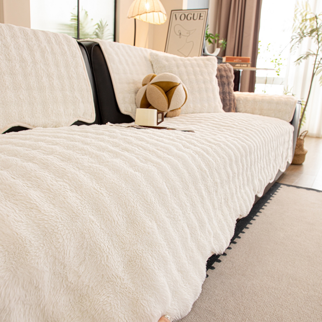 91家纺网 家纺一手货源 找家纺 沐沐家纺 2026新款兔毛沙发垫 米白